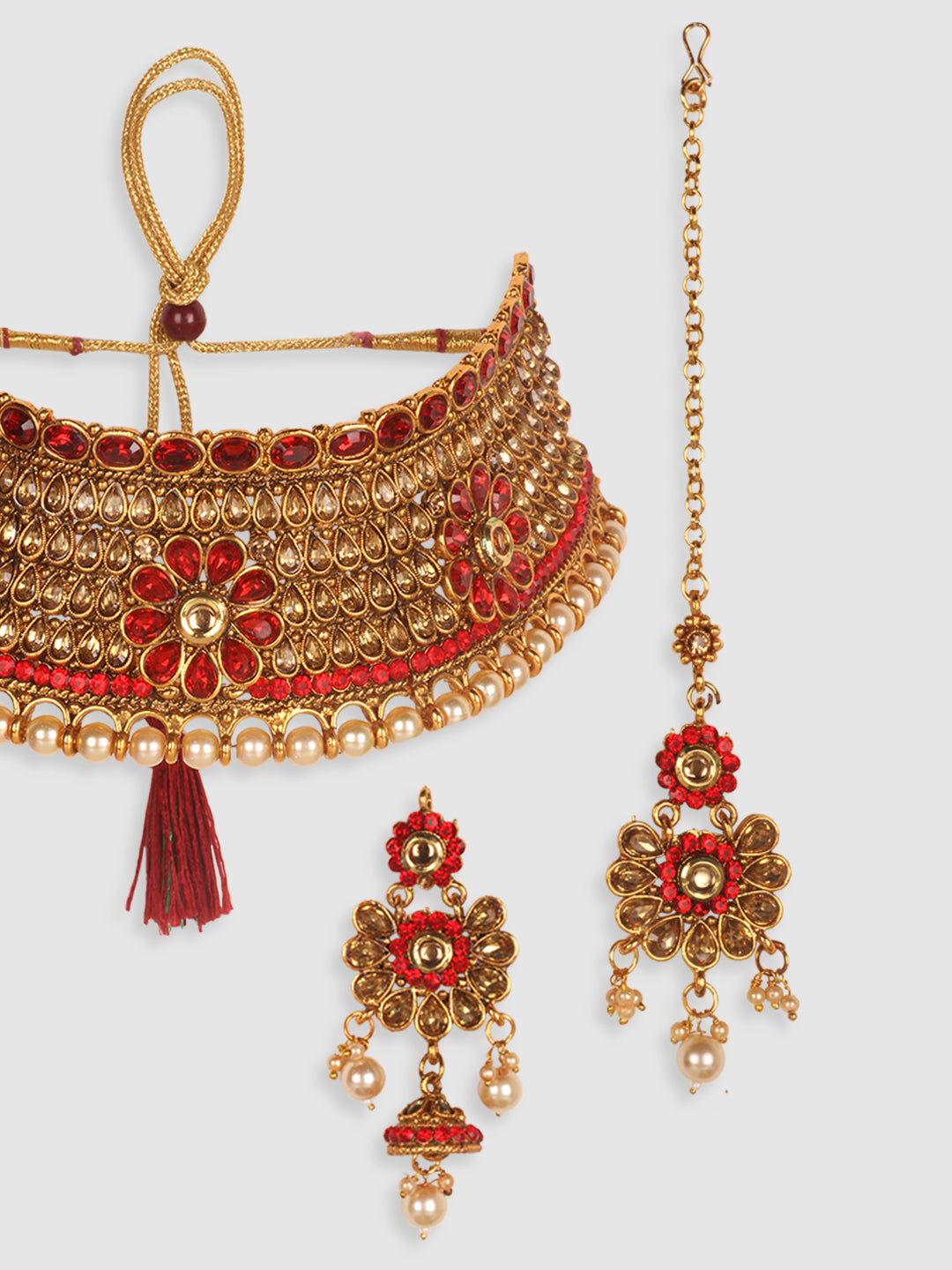 Gold-Plated Beige & Red Kundan-Studded & Beaded Jewellery Set