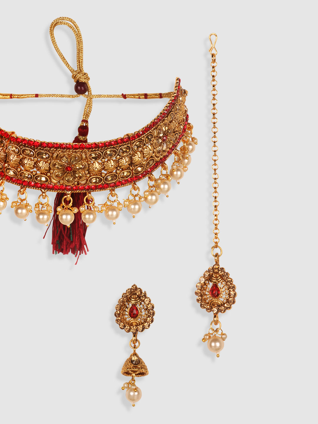 Gold-Plated & Red Kundan Studded Jewellery Set