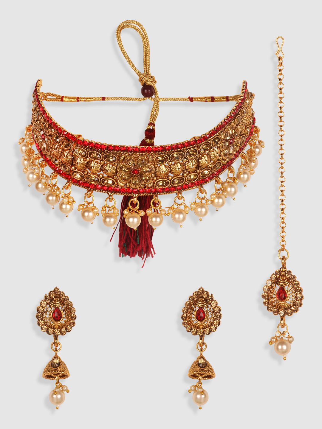 Gold-Plated & Red Kundan Studded Jewellery Set