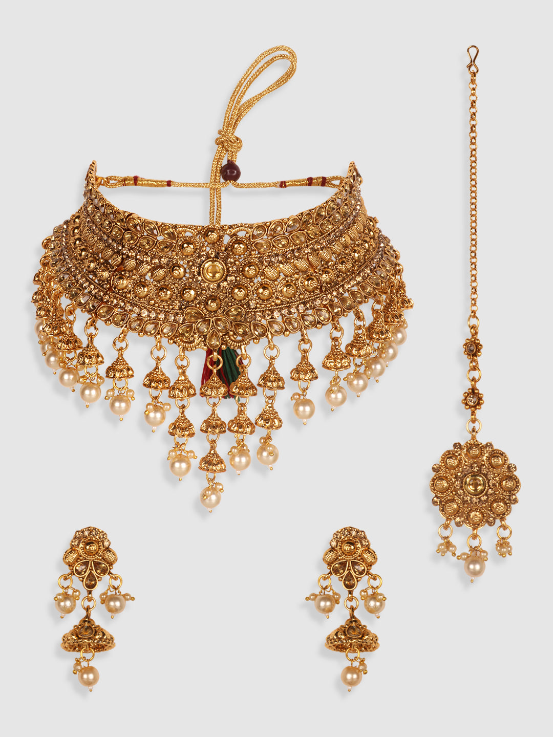 Gold-Plated & White Kundan-Studded & Pearl Beaded Jewellery Set