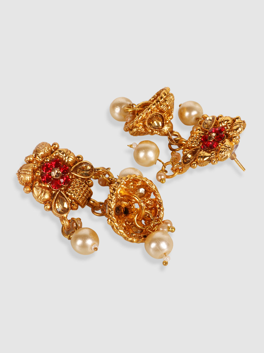Gold Plated Floral Red Stone Studded Choker Set with Earrings & Maangtika