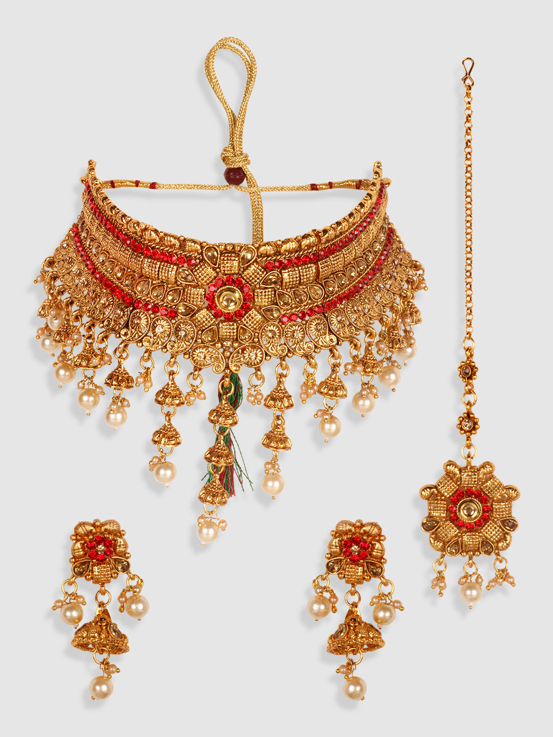 Gold Plated Floral Red Stone Studded Choker Set with Earrings & Maangtika