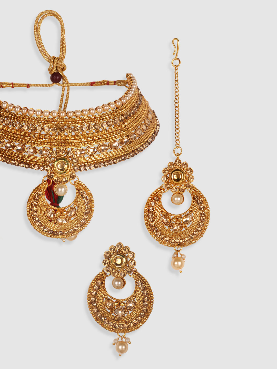 Gold-Plated Floral Stone-Studded Traditional Jewellery Set