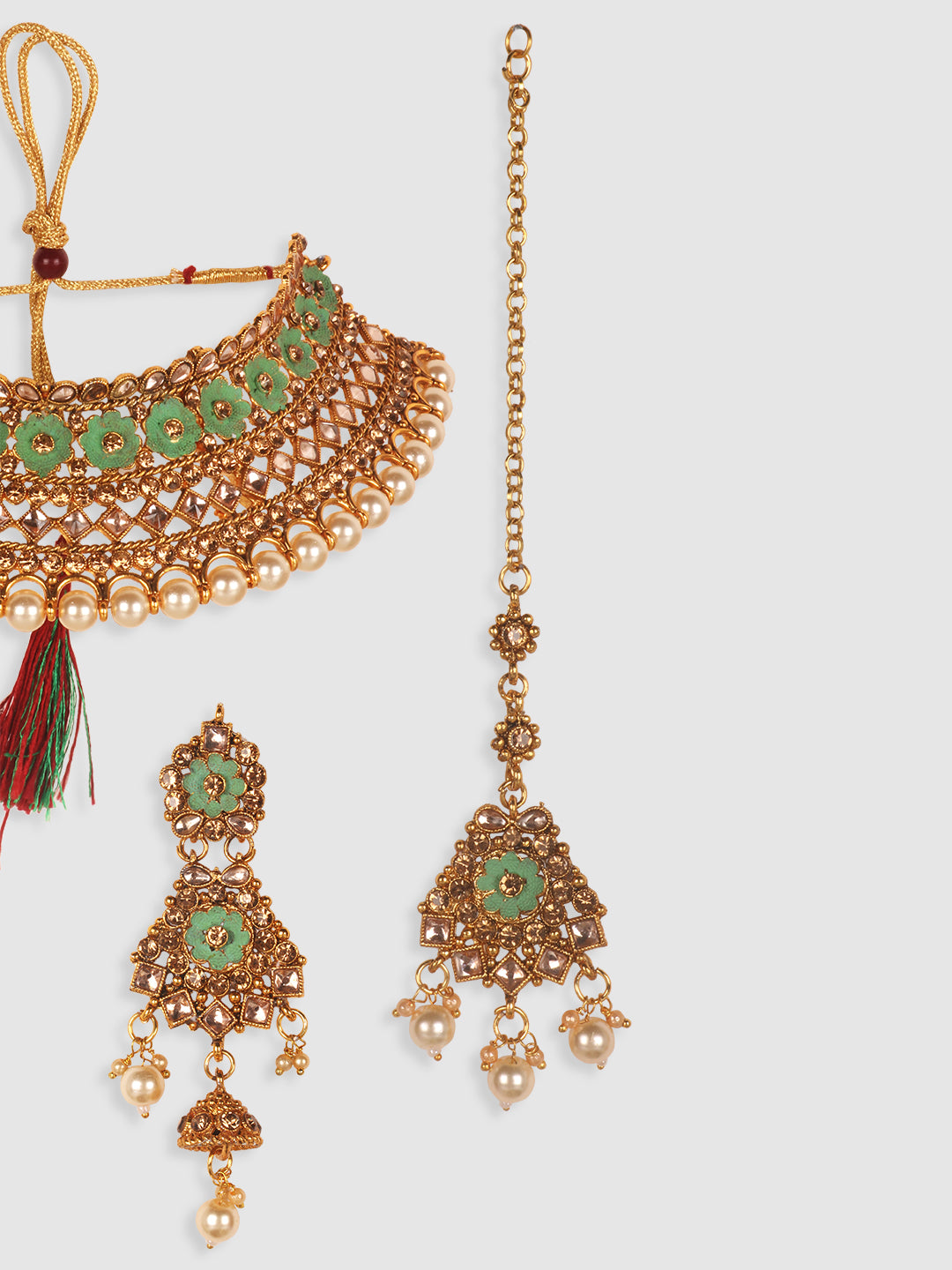 Gold-Plated Sea Green & White Kundan-Studded & Pearl Beaded Vilandi Jewellery Set
