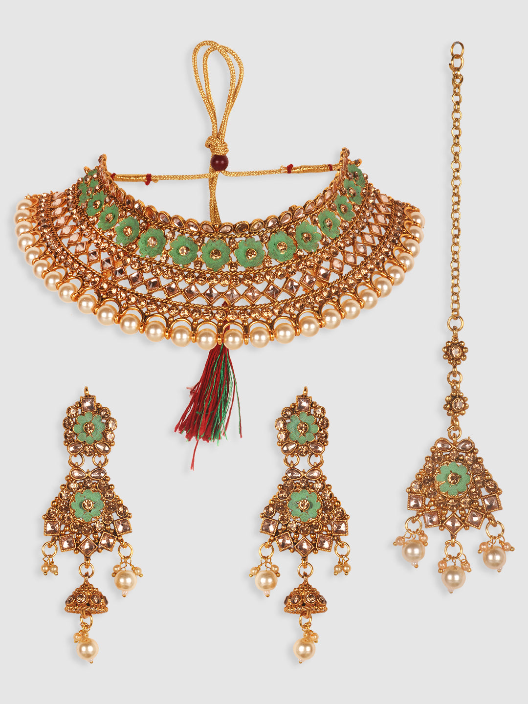 Gold-Plated Sea Green & White Kundan-Studded & Pearl Beaded Vilandi Jewellery Set