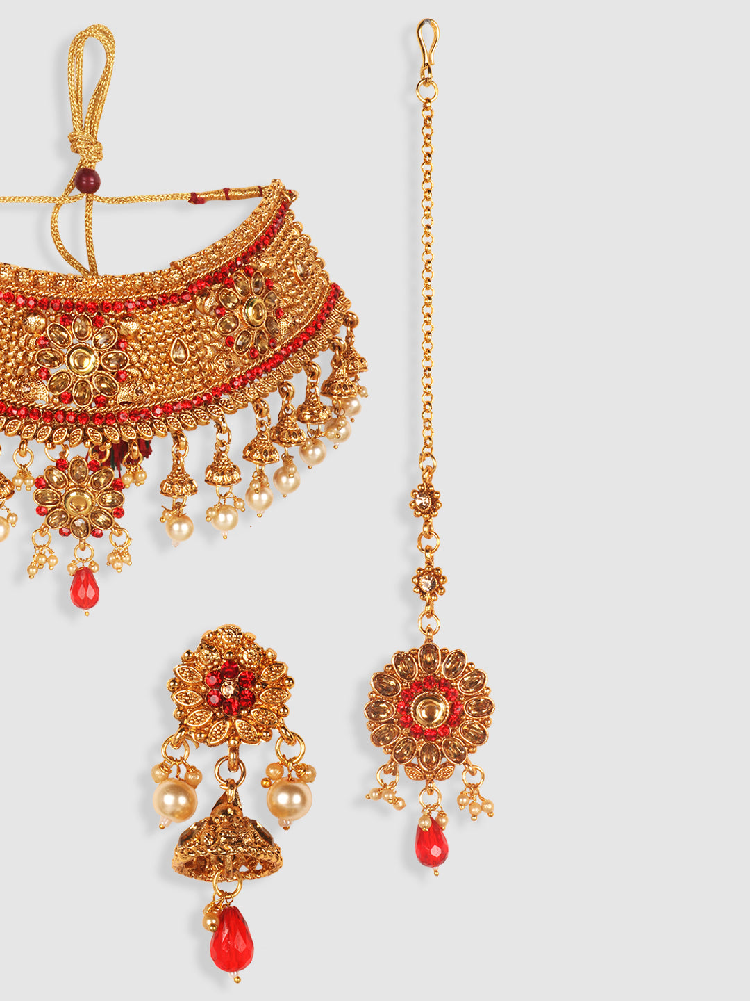 Gold-Plated Red & White Kundan-Studded & Pearl Beaded Vilandi Jewellery Set