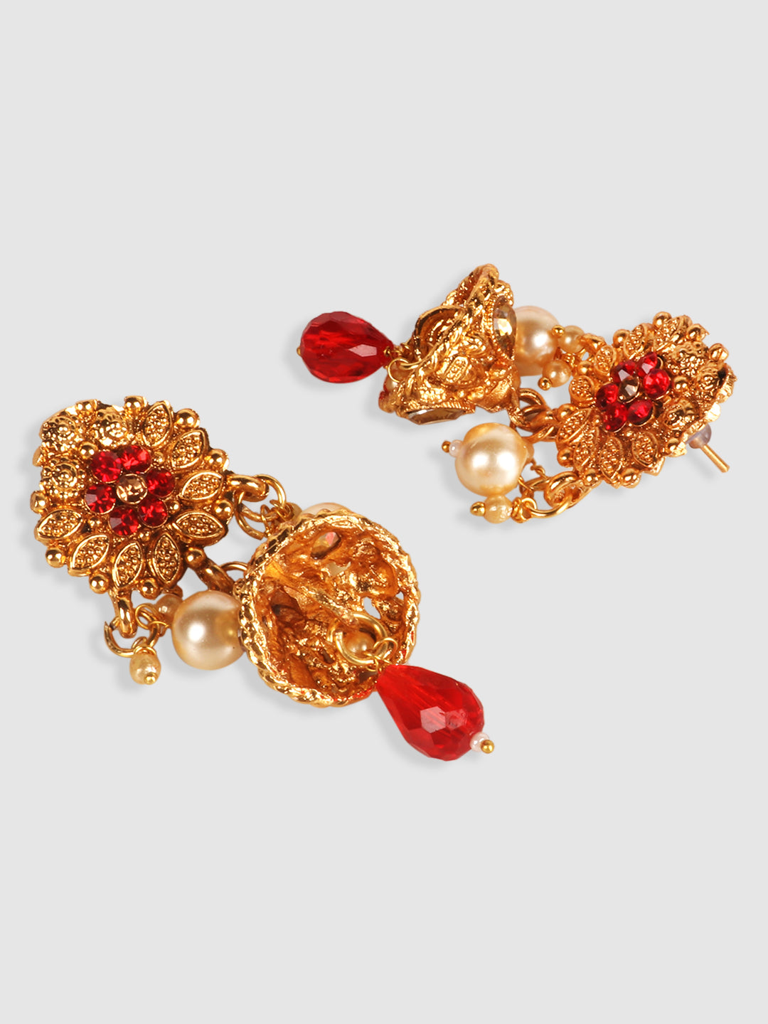 Gold-Plated Red & White Kundan-Studded & Pearl Beaded Vilandi Jewellery Set