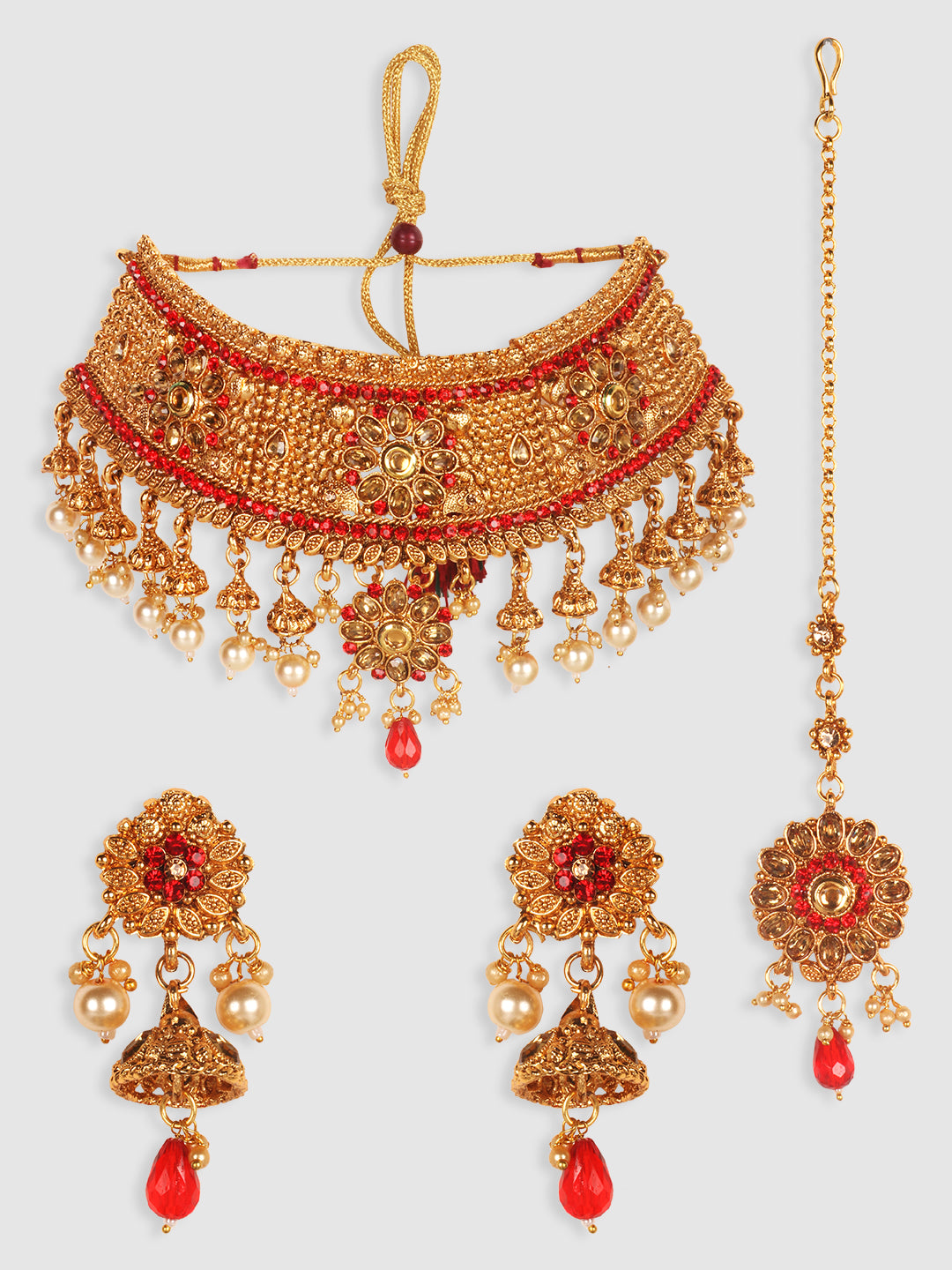 Gold-Plated Red & White Kundan-Studded & Pearl Beaded Vilandi Jewellery Set