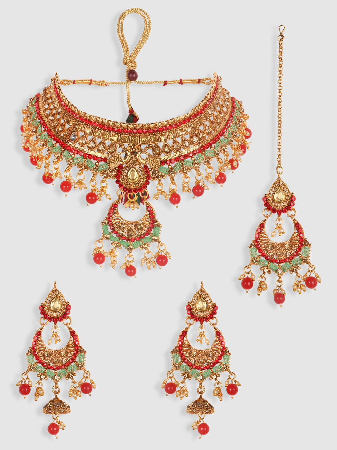 Gold-Plated Red & White Kundan-Studded & Pearl Beaded Vilandi Jewellery Set