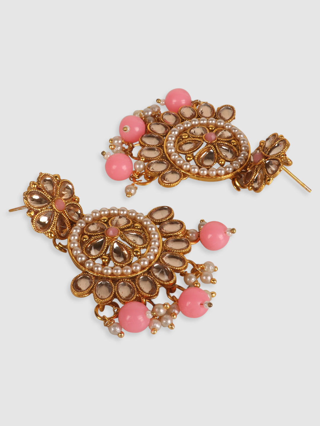 Pink & Gold-Plated Floral Stone Studded Jewellery Set