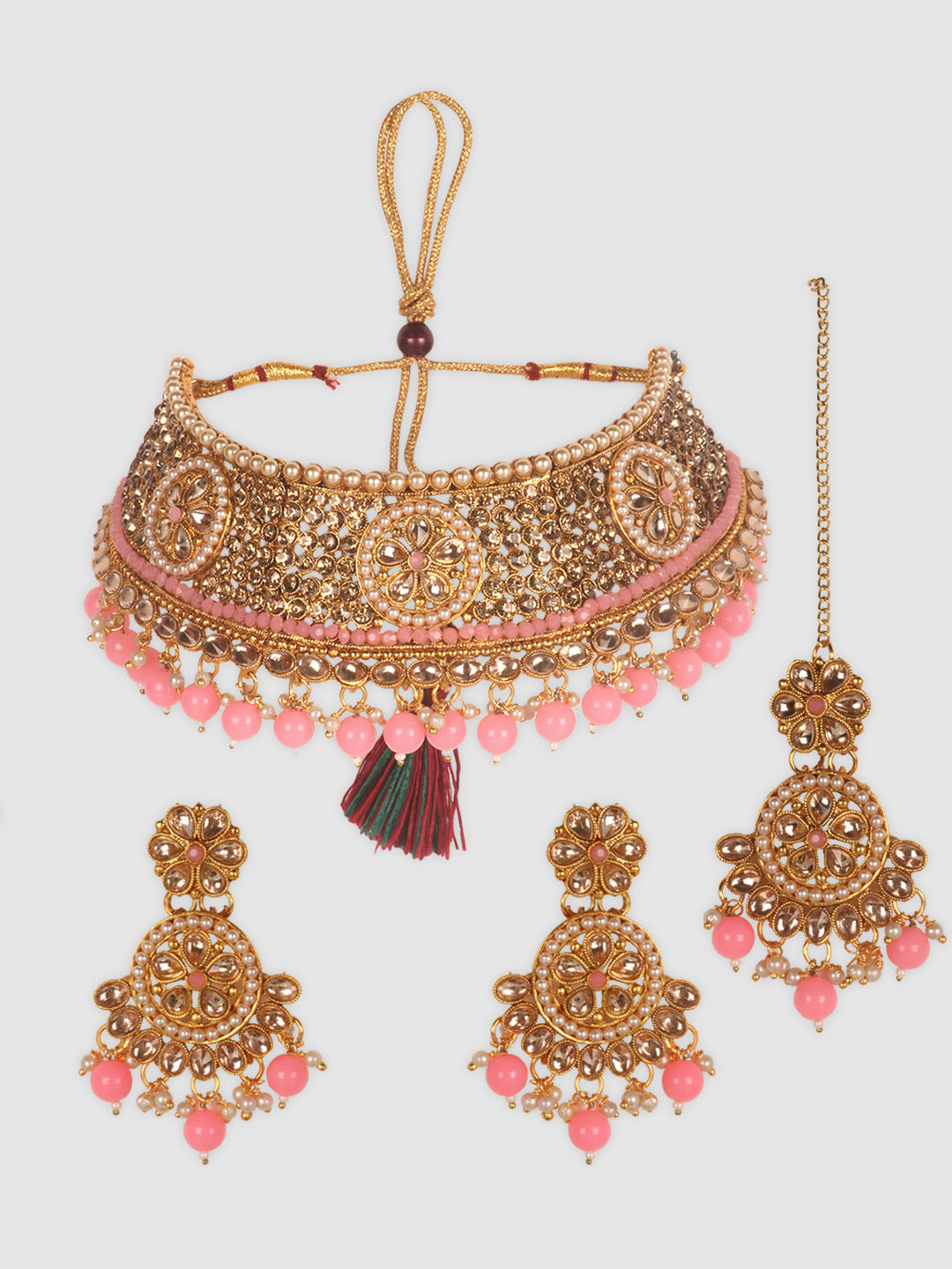 Pink & Gold-Plated Floral Stone Studded Jewellery Set