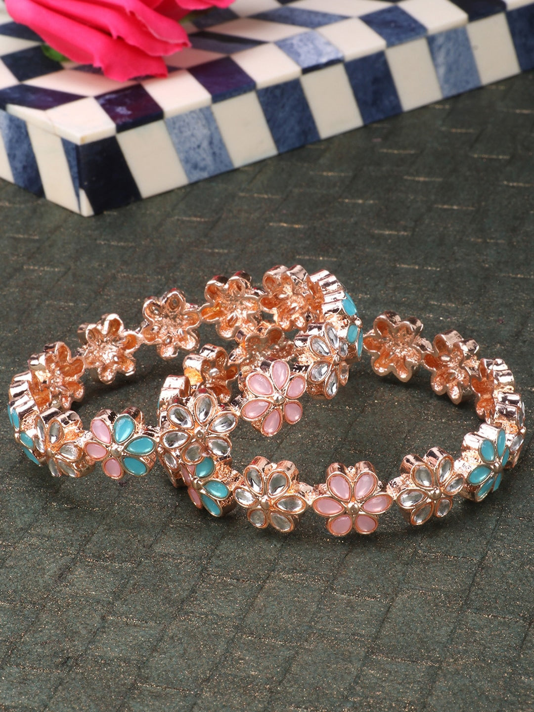 Set Of 2 Gold-Plated Multicoloured Stone-Studded Floral Handcrafted Bangles