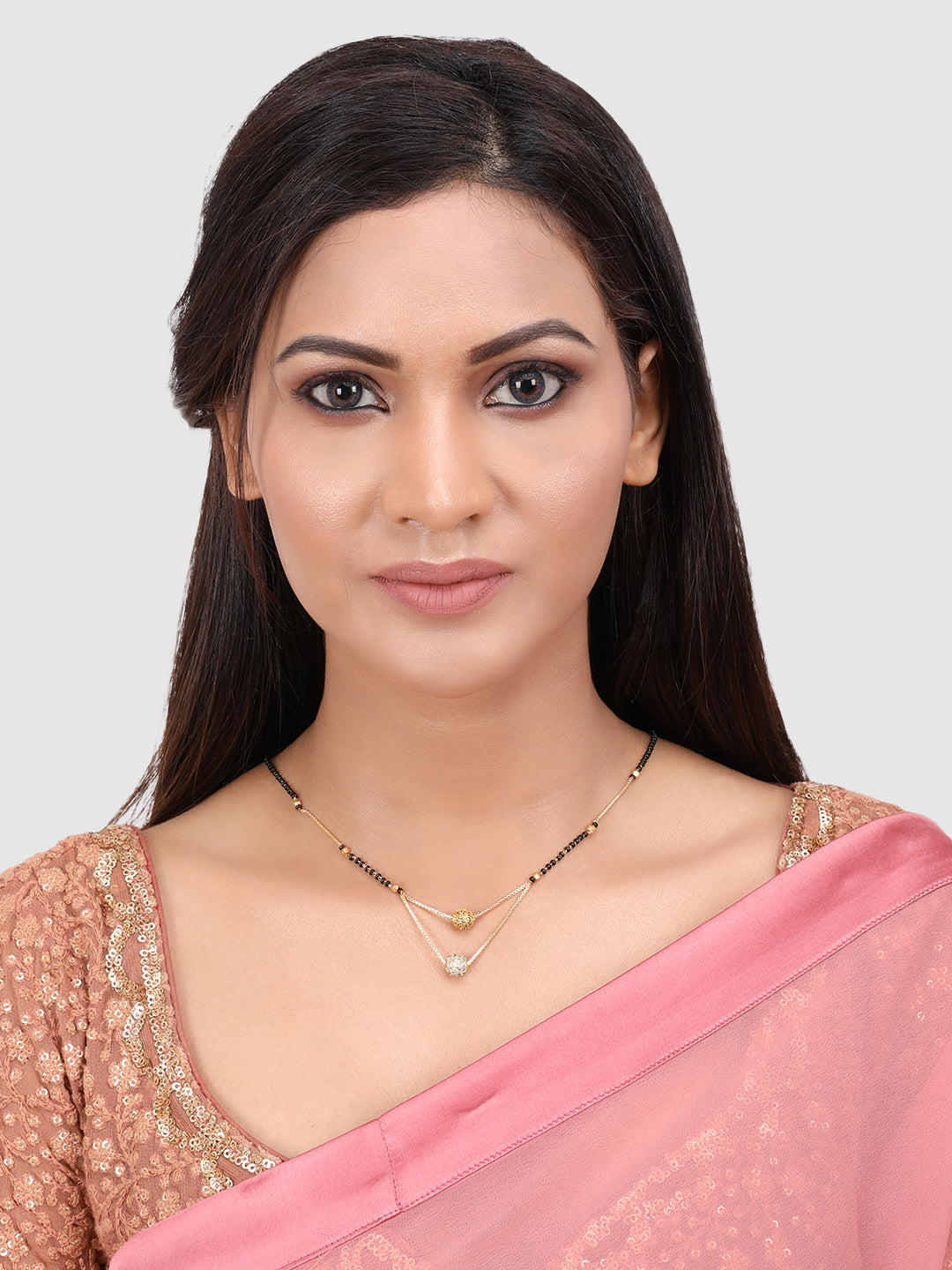 Gold-Plated Black & White AD-Studded & Beaded Mangalsutra