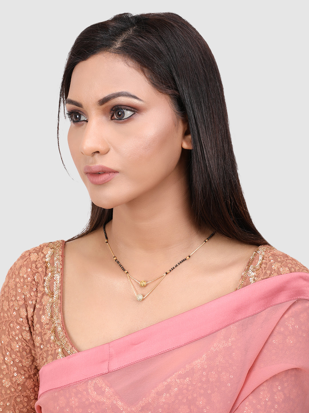 Gold-Plated Black & White AD-Studded & Beaded Mangalsutra