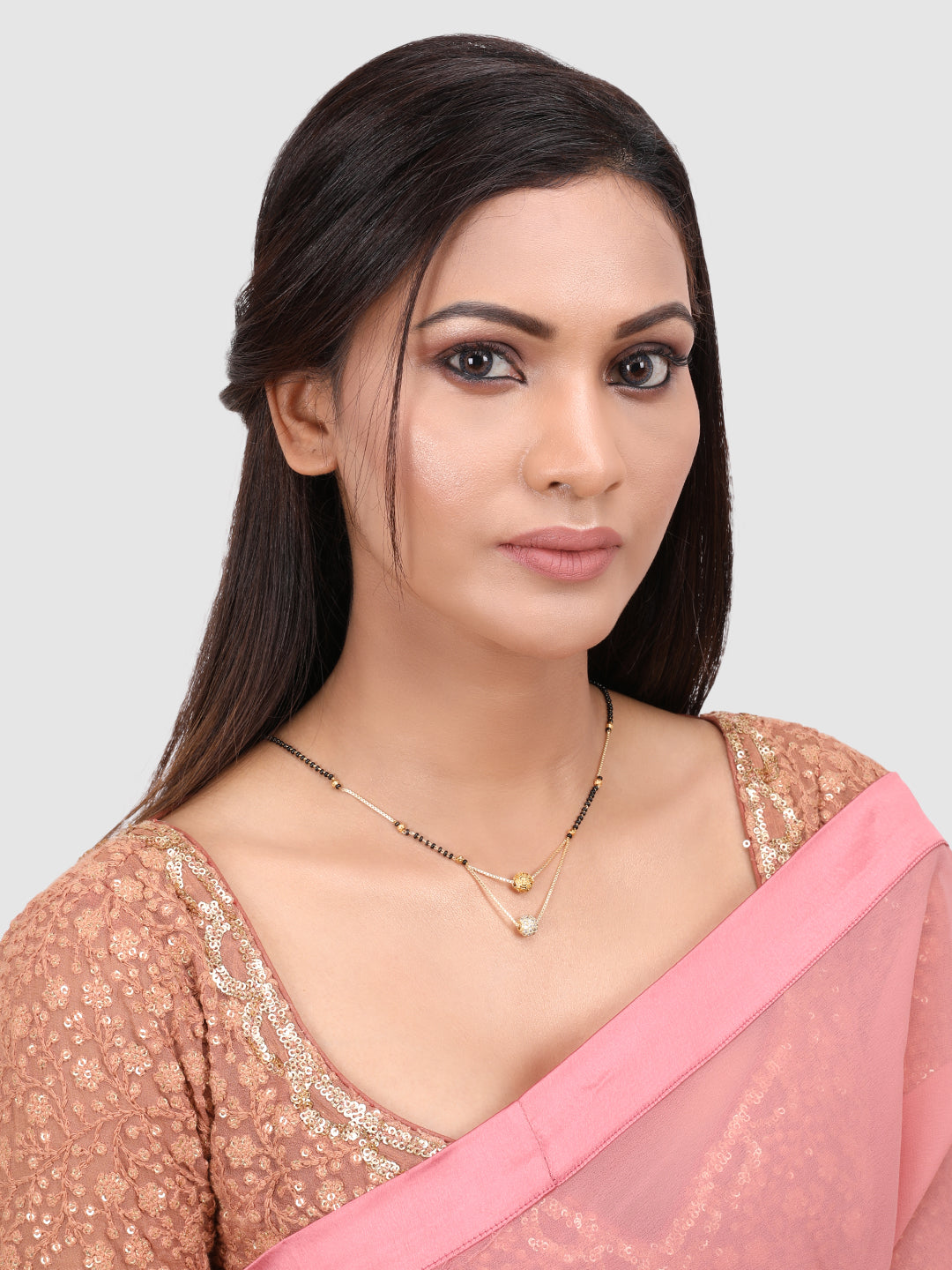 Gold-Plated Black & White AD-Studded & Beaded Mangalsutra