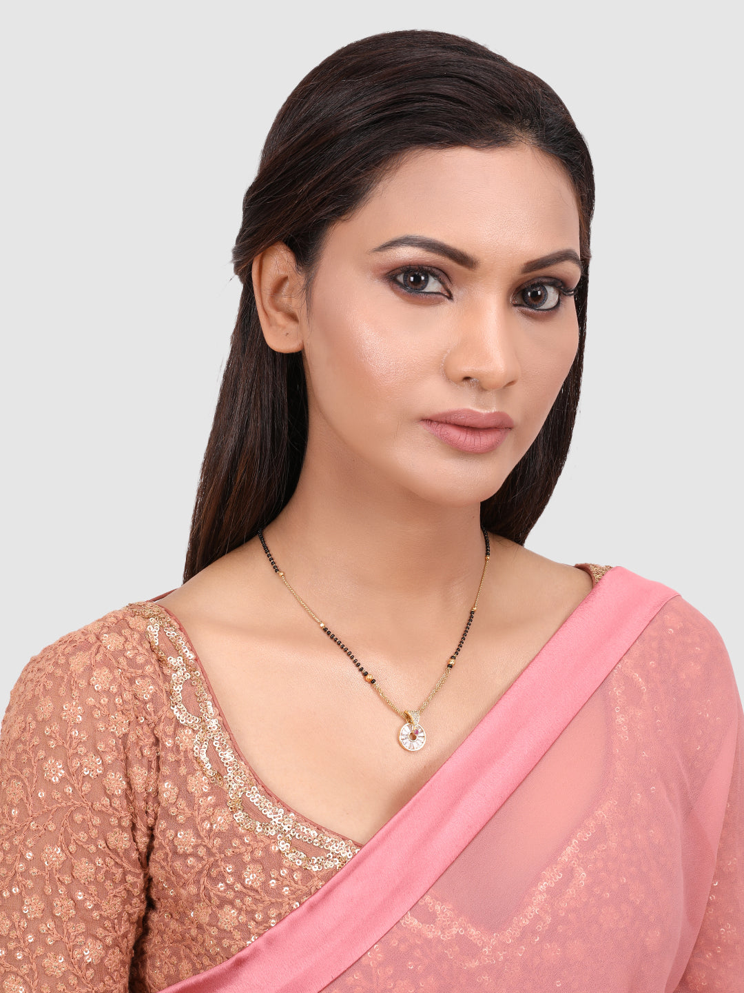 Gold-Plated Black & White AD-Studded & Beaded Mangalsutra