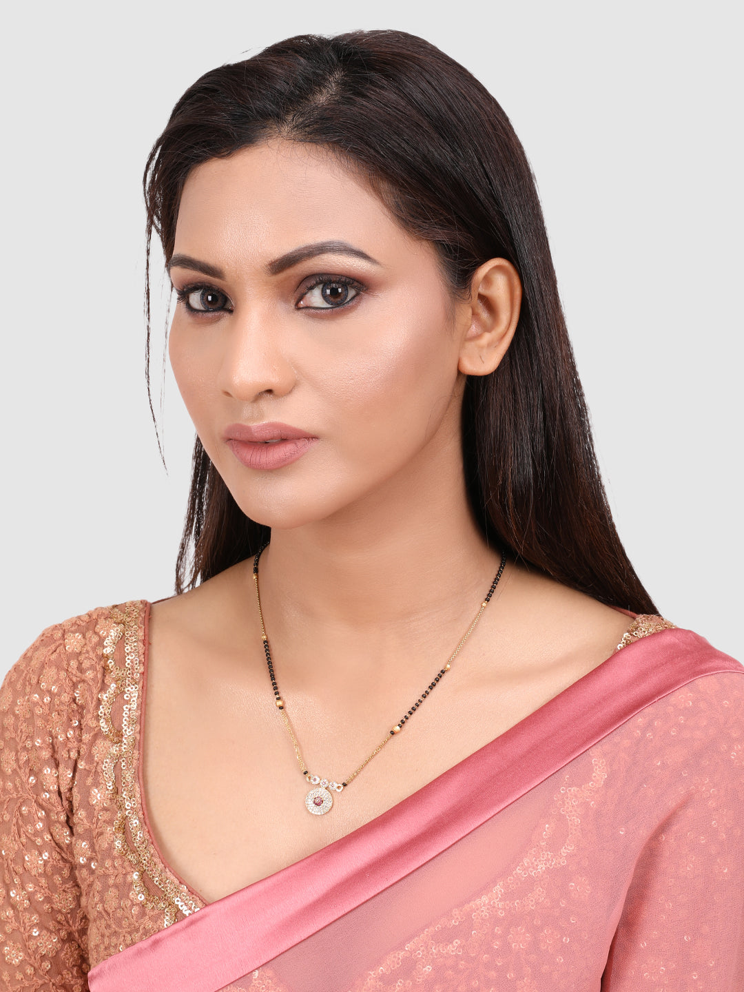 Gold-Plated Black & White AD-Studded & Beaded Mangalsutra