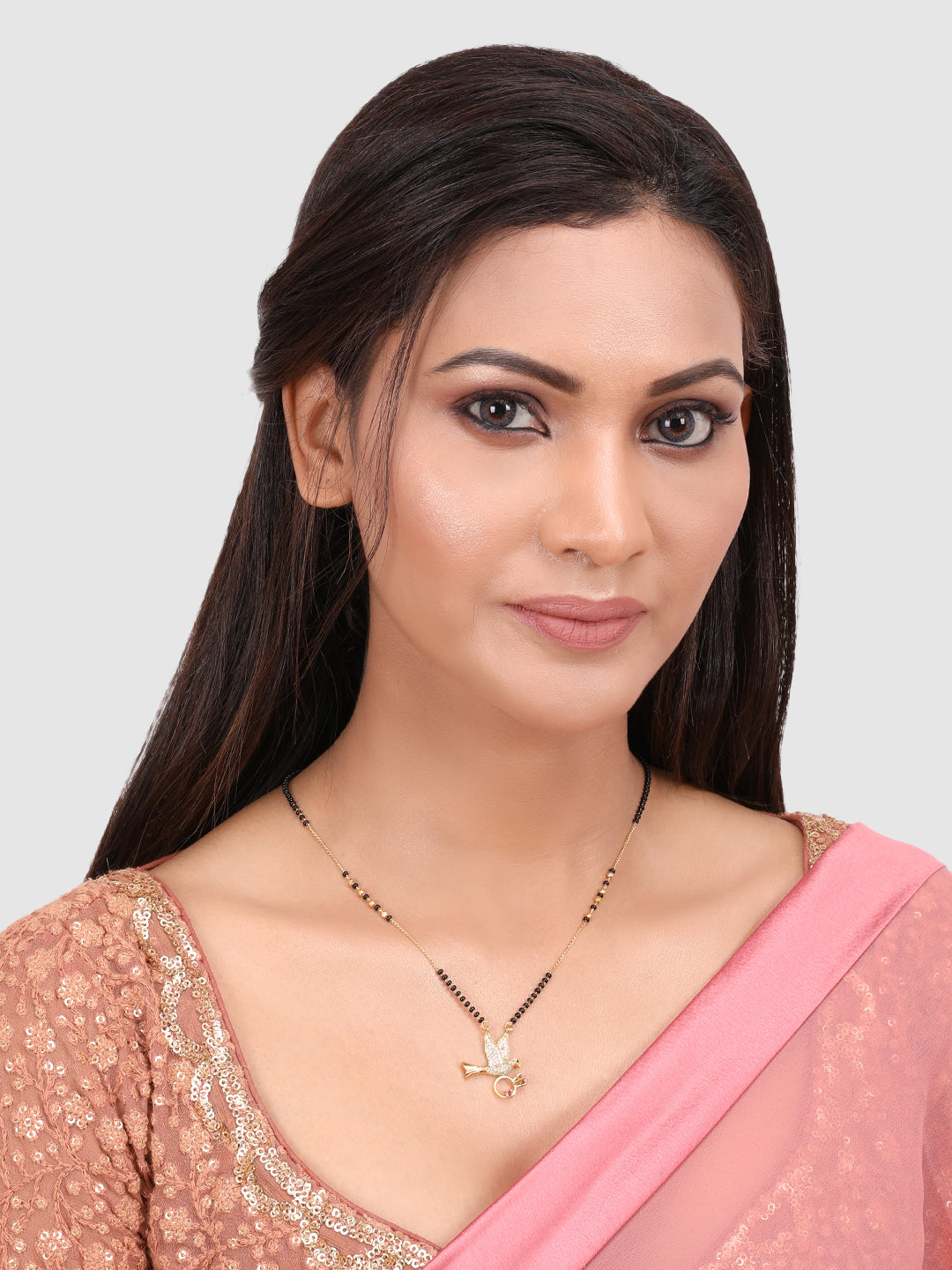 Gold-Plated Black & White AD-Studded & Beaded Bird Moti Mangalsutra