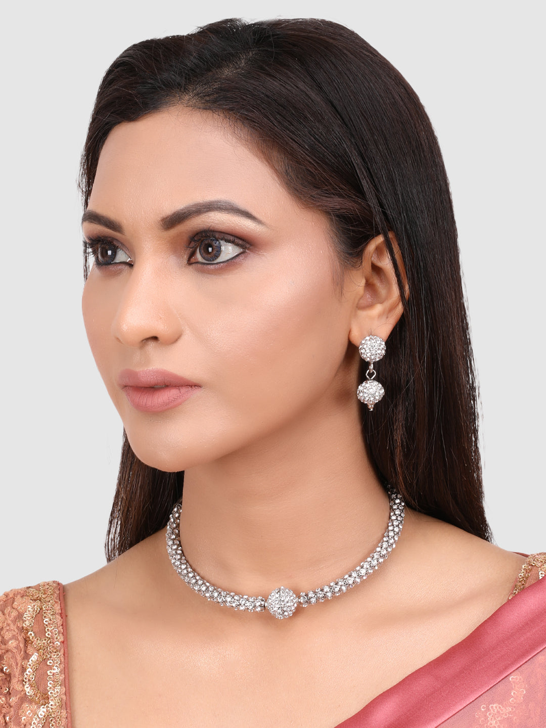 Silver-Plated & White Stones-Studded Tribal Jewellery Set