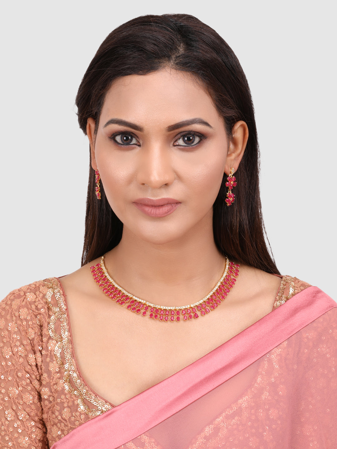 Pink & Gold-Plated Stone-Studded Leaf Shaped Jewellery Set