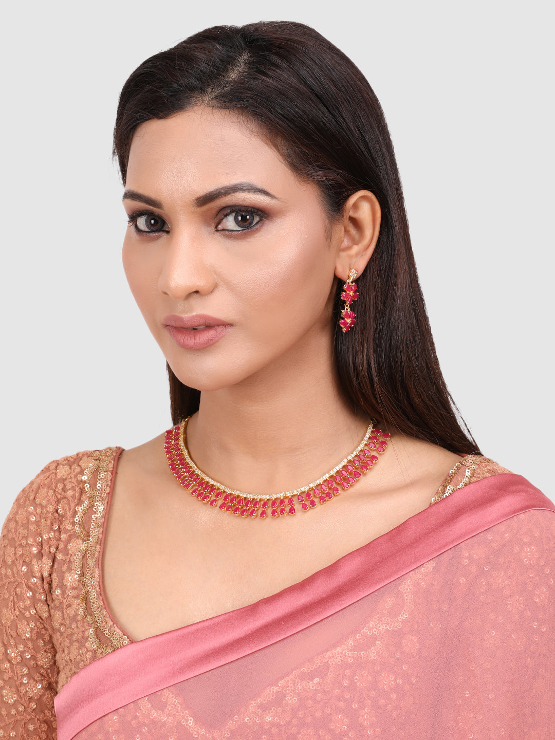 Pink & Gold-Plated Stone-Studded Leaf Shaped Jewellery Set