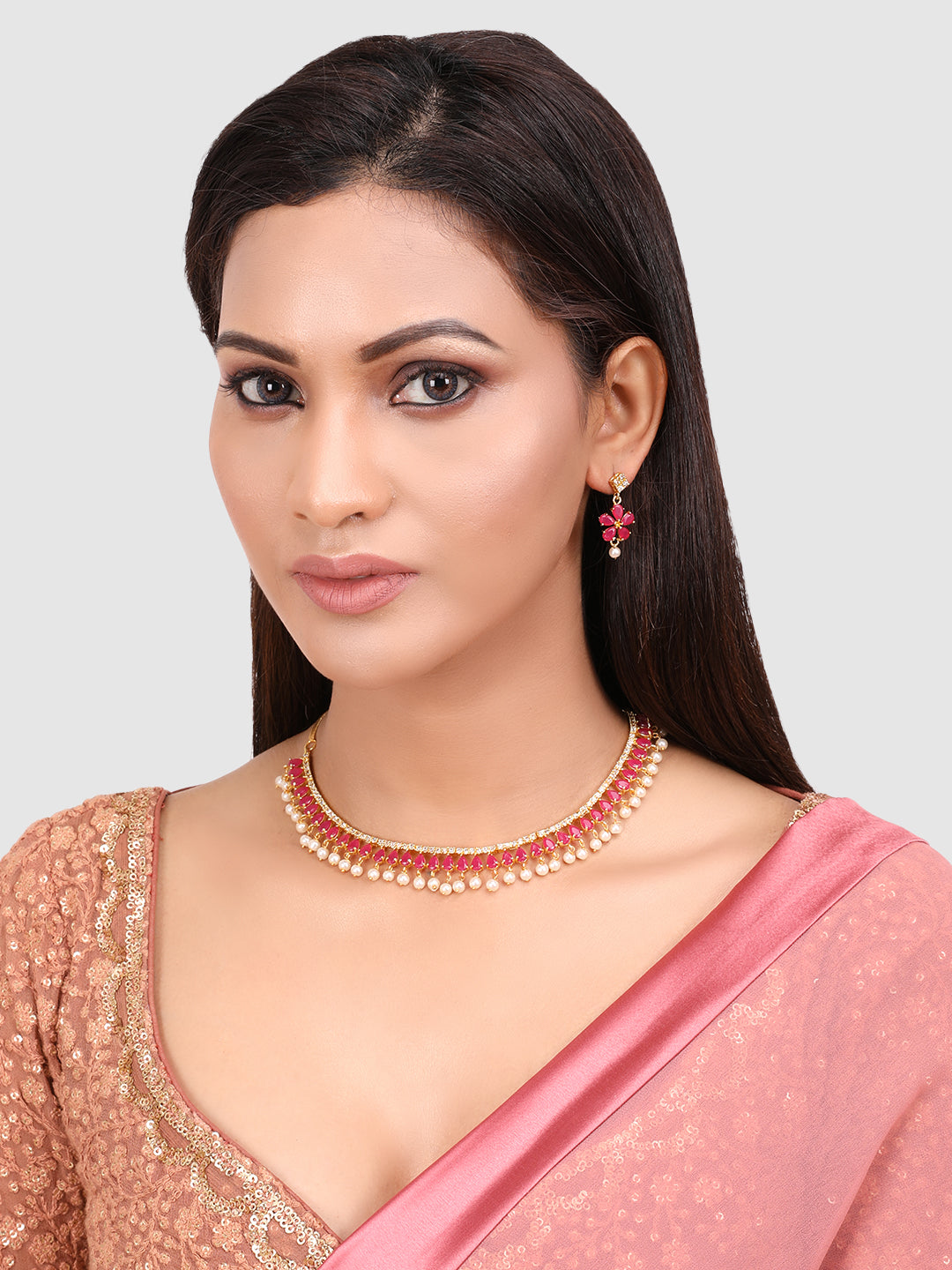 Pink & Gold-Plated Stone-Studded Leaf Shaped Jewellery Set