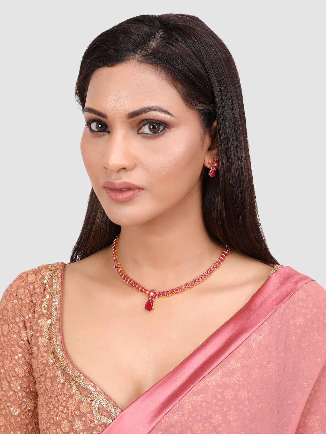 Pink & Gold-Plated Stone-Studded Leaf Shaped Jewellery Set