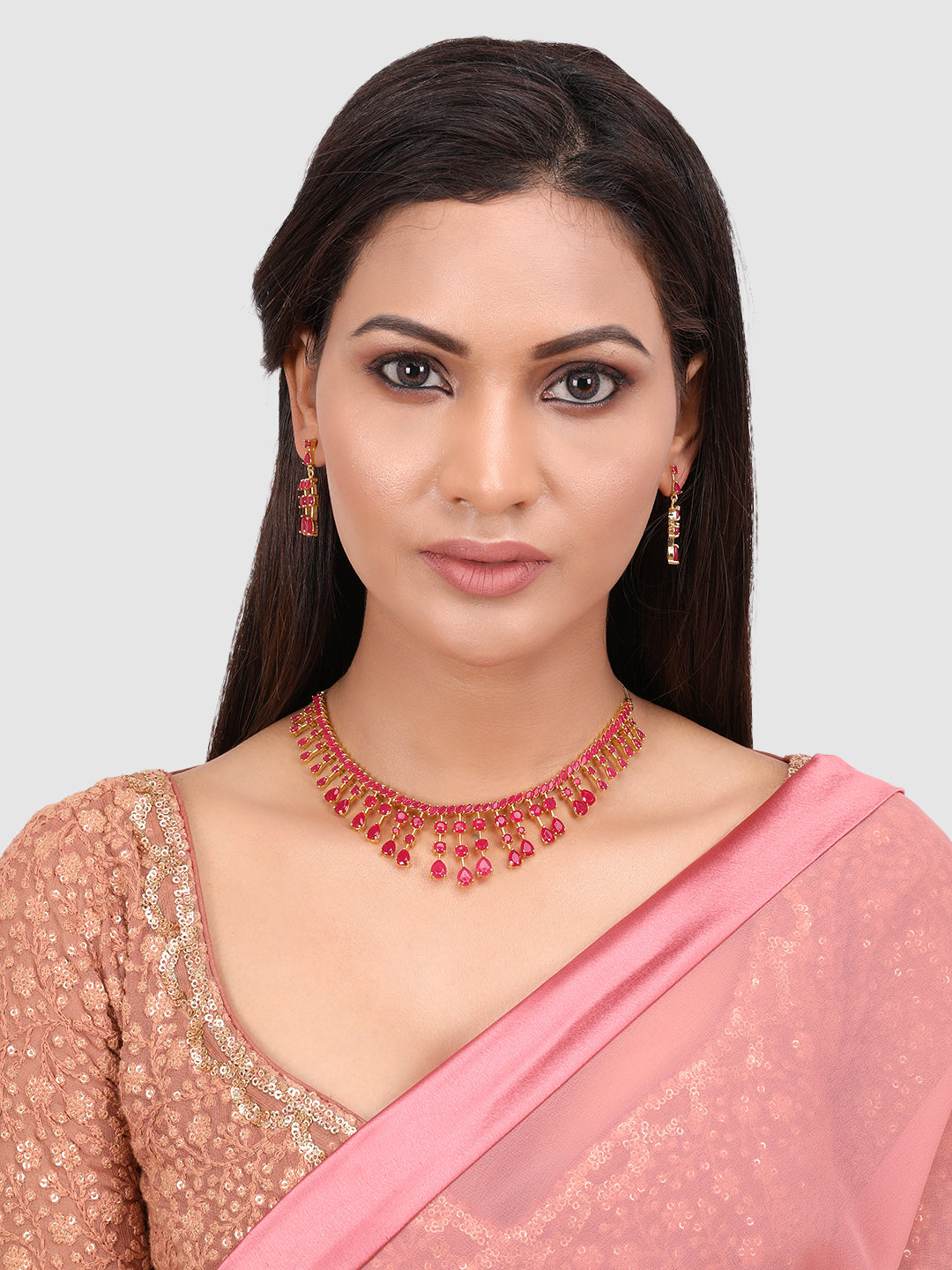 Pink & Gold-Plated Stone-Studded Leaf Shaped Jewellery Set