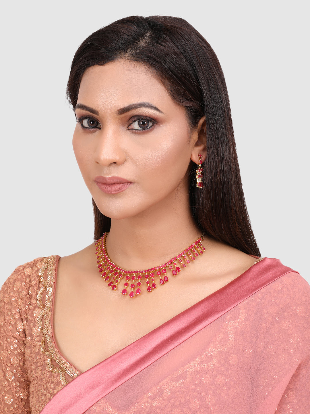 Pink & Gold-Plated Stone-Studded Leaf Shaped Jewellery Set