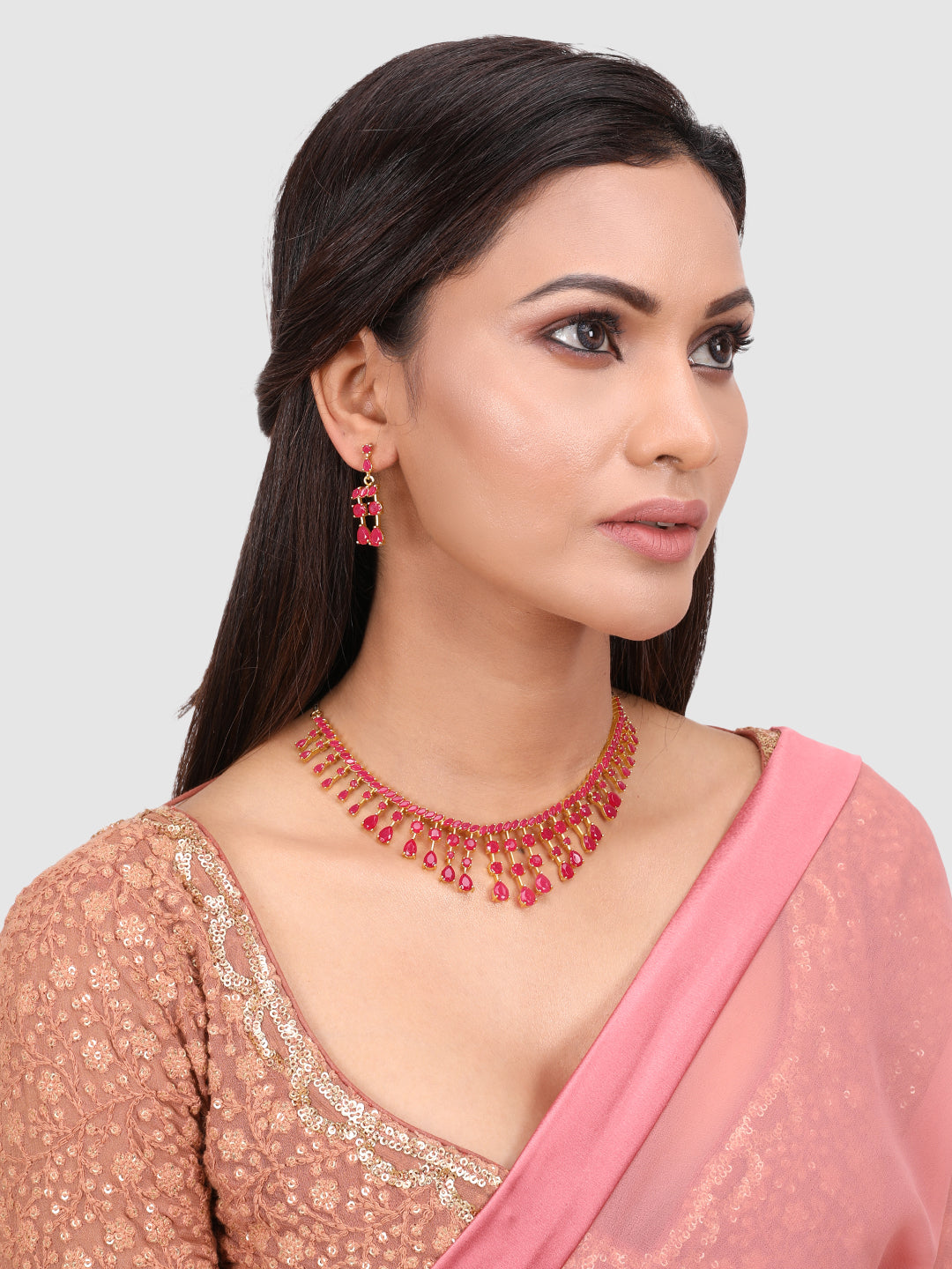 Pink & Gold-Plated Stone-Studded Leaf Shaped Jewellery Set