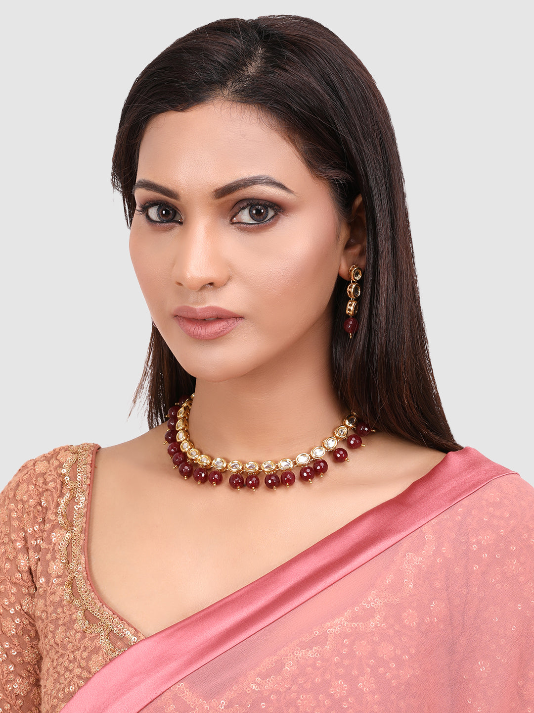 Women Maroon & Gold-Toned Kundan Beaded Necklace Set