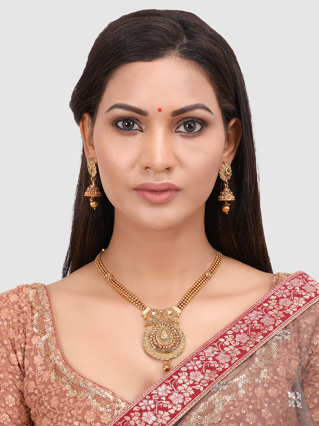Gold-Plated Beige Stone-Studded Jewellery Set