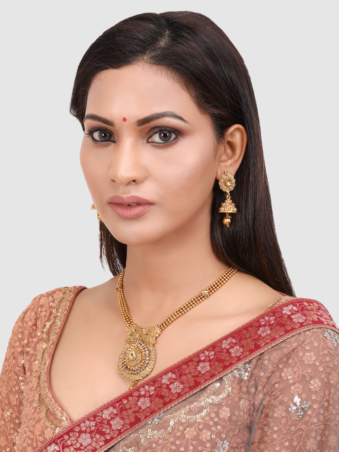 Gold-Plated Beige Stone-Studded Jewellery Set