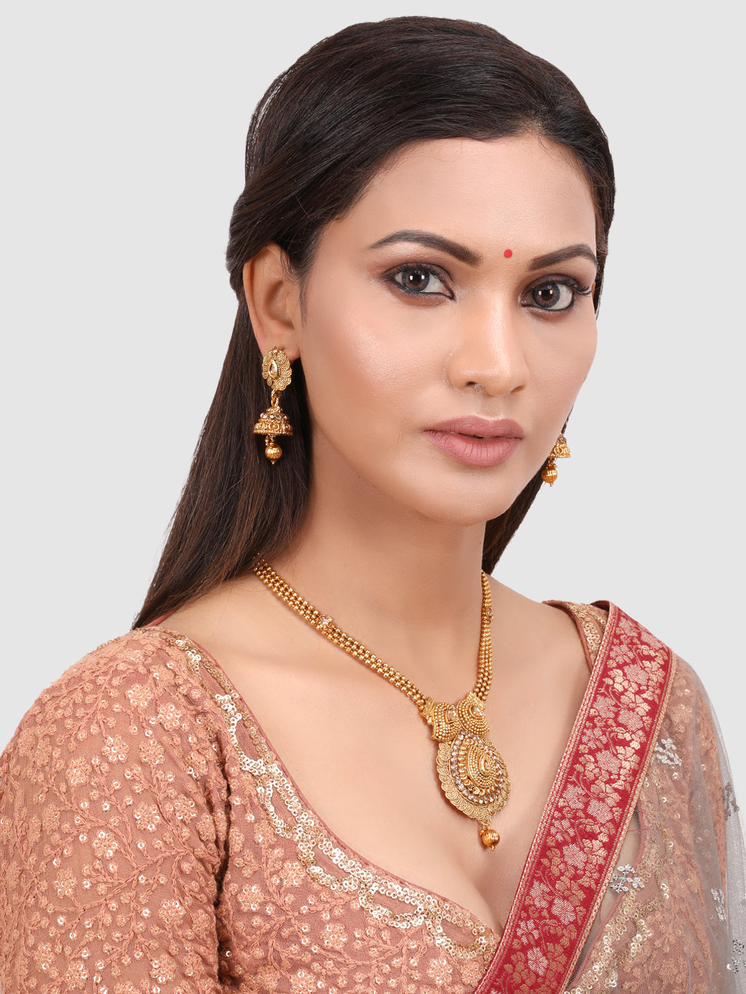 Gold-Plated Beige Stone-Studded Jewellery Set