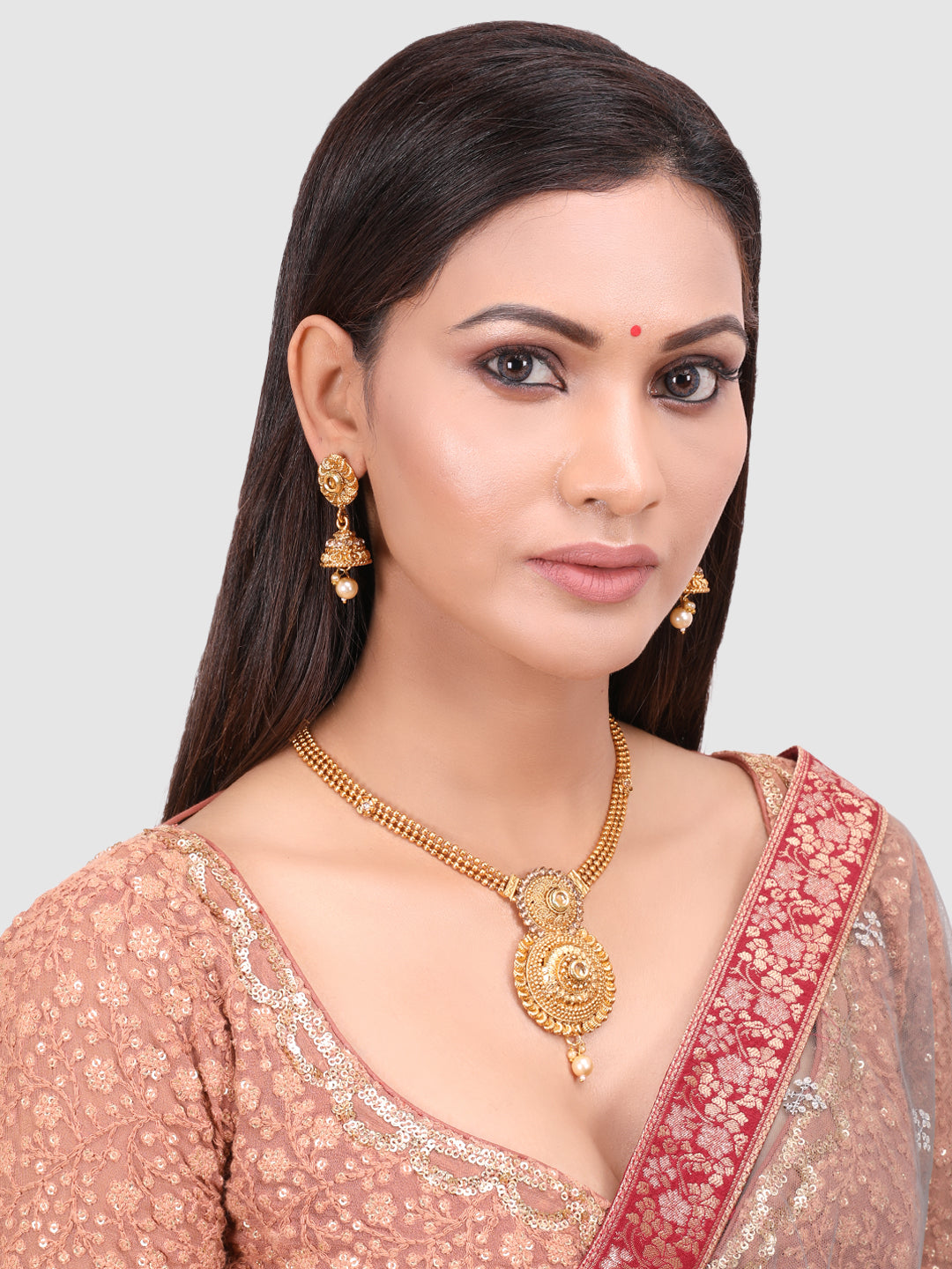 Gold-Plated Beige Stone-Studded & Beaded Jewellery Set