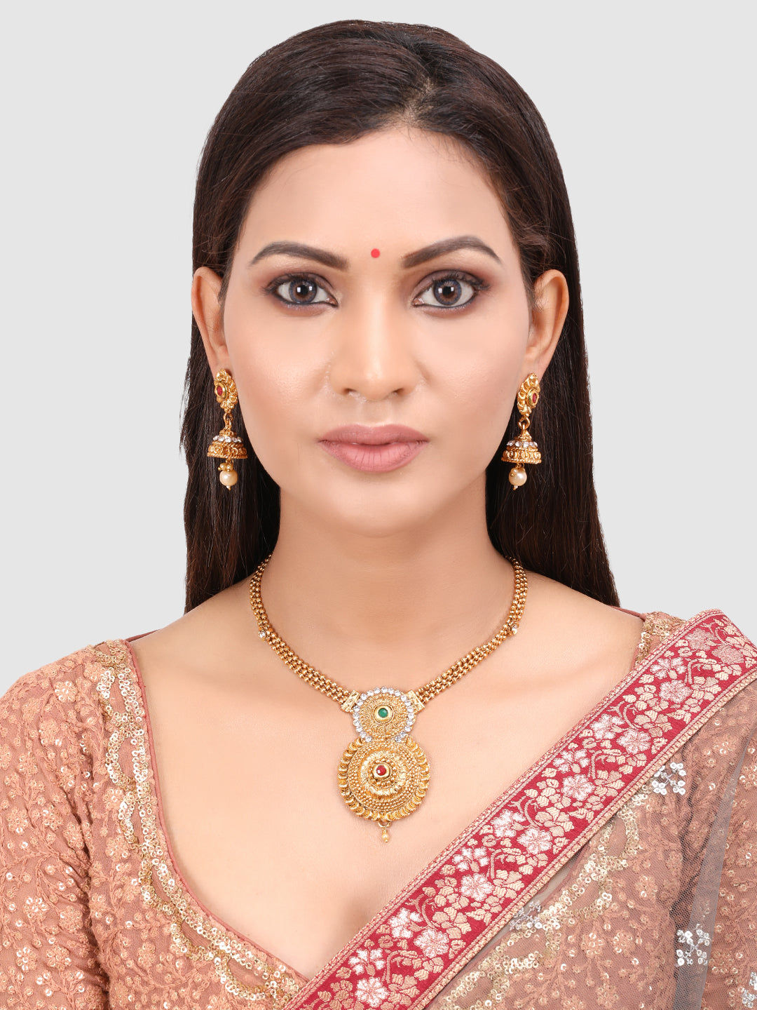 Gold-Plated & White Stone-Studded & Beaded Jewellery Set