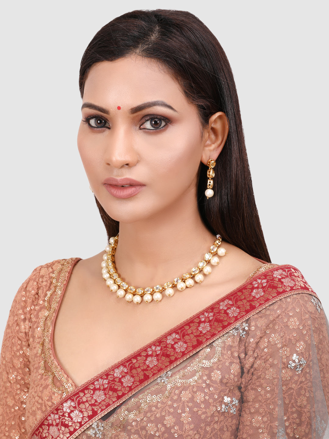 Women White & Gold-Toned Kundan Beaded Necklace Set
