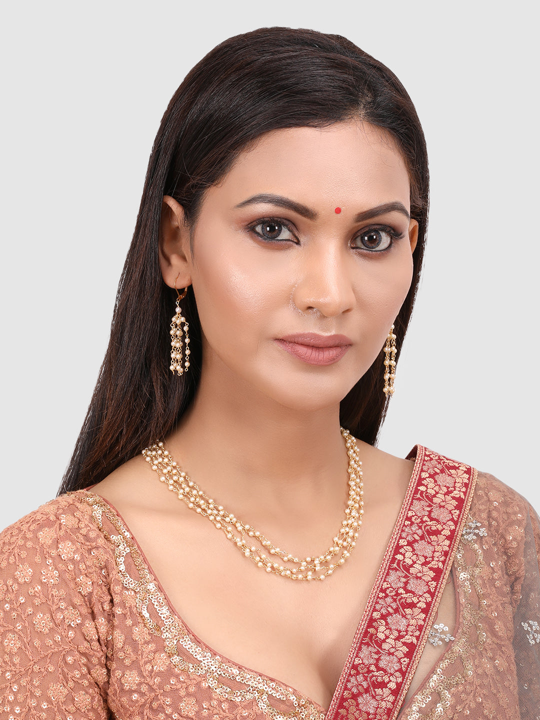 Off White & Gold-Toned & Plated Layered Classy Pearl Jewellery Set