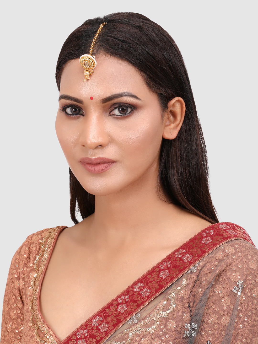 Gold-Plated & White Kundan Pearl Beaded Borla Maang Tikka