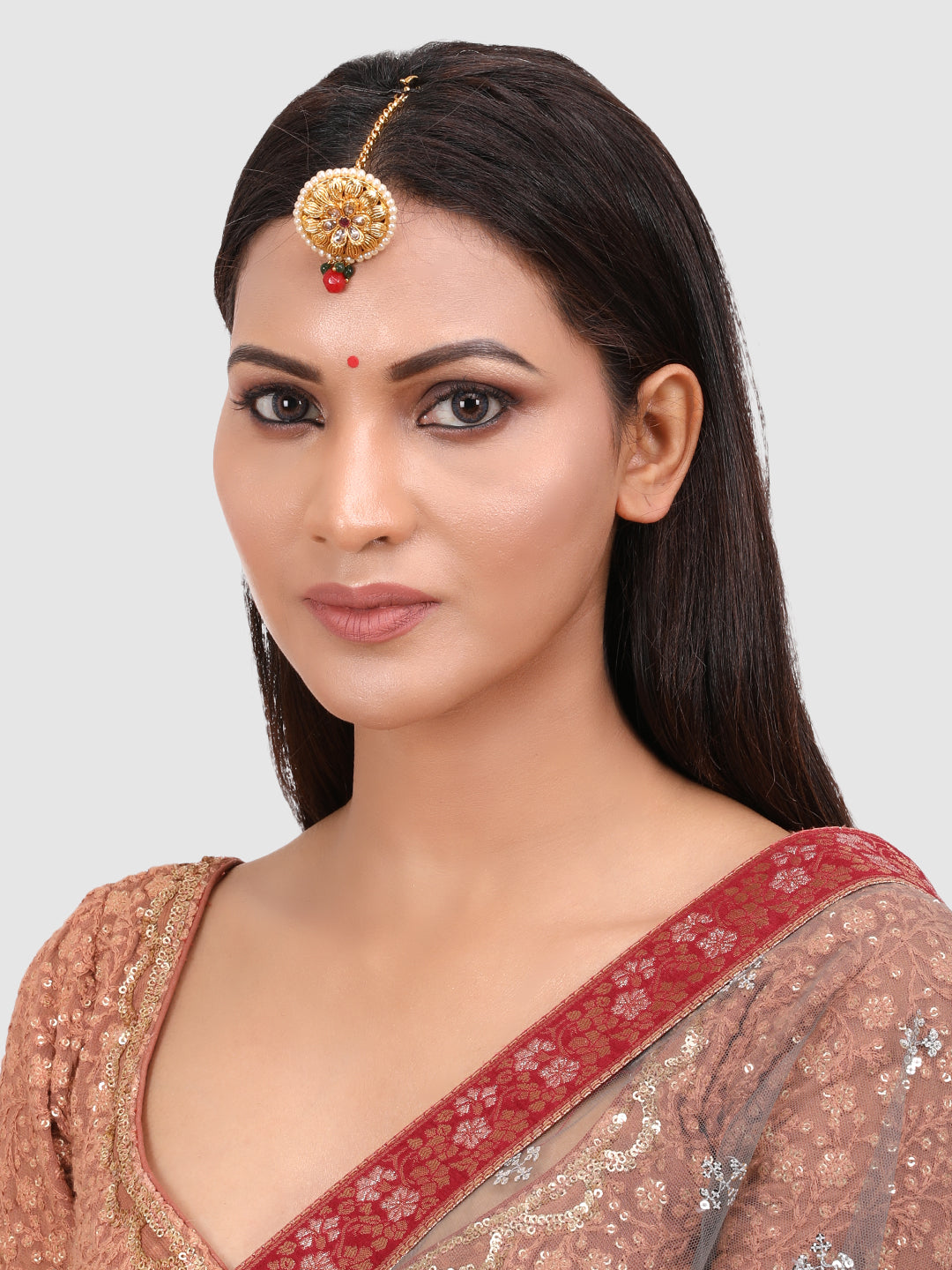 Gold-Plated & Red Kundan-Studded & Pearl Beaded Borla Maang Tikka