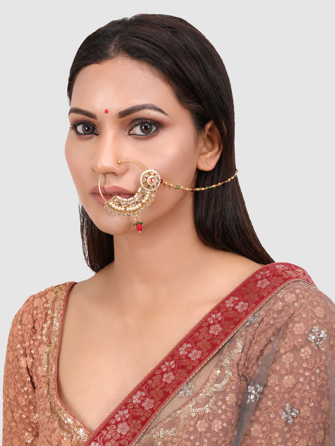 Gold-Plated White & Red Kundan Stone-Studded & Beaded Chained Nose Ring