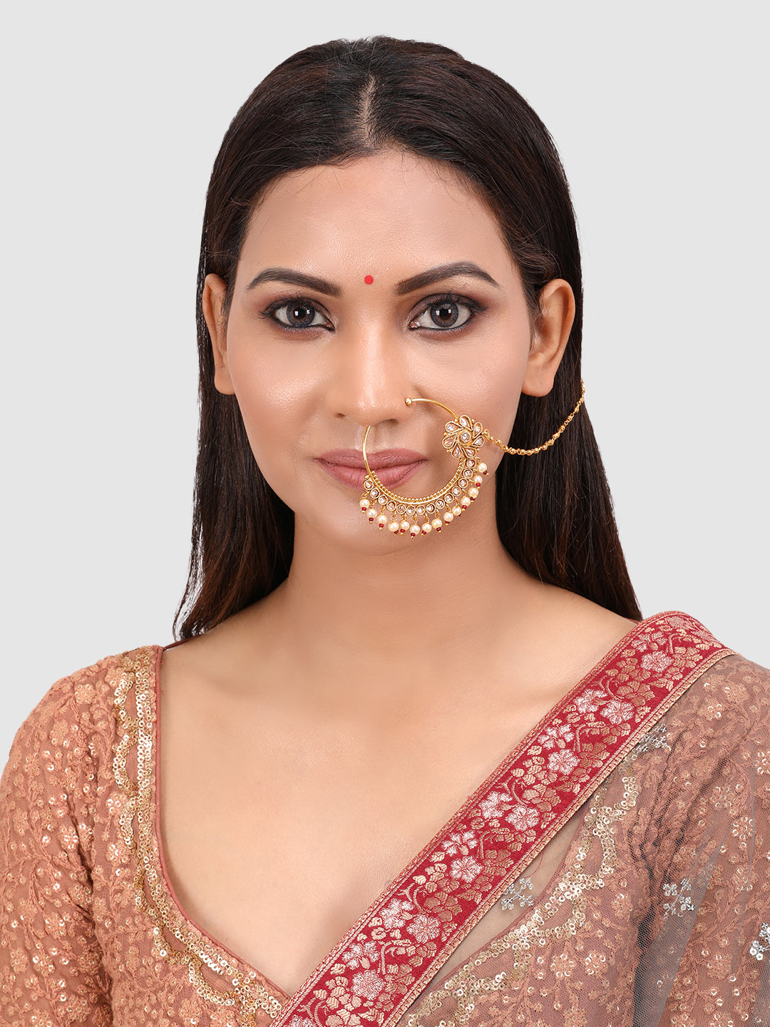Gold-Plated & Beige Faux Kempu Ruby & Kundan-Studded Handcrafted Vilandi Nose Ring