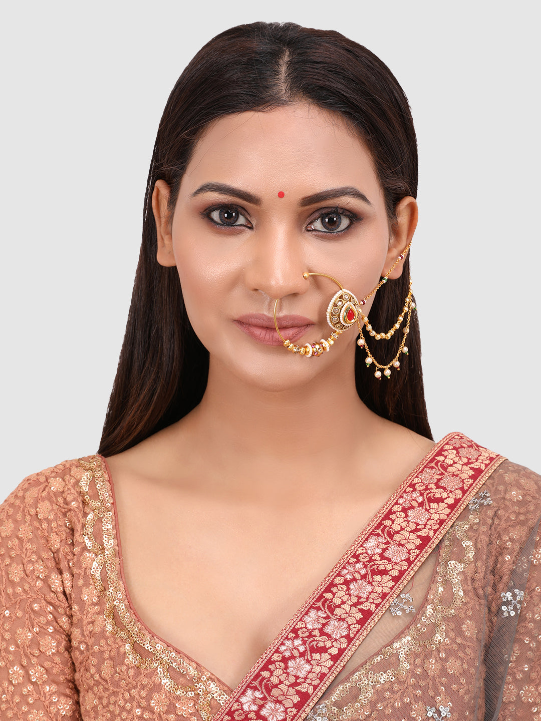 Gold-Plated Kundan & Ruby-Studded & Beaded Handcrafted Chained Nose Ring