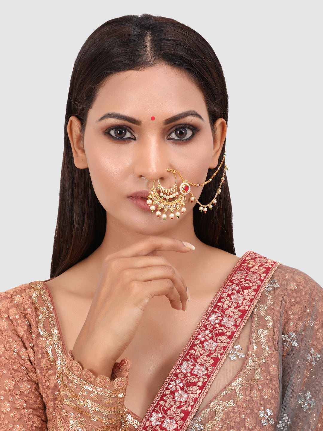 Gold-Plated Green & Red Kundan Stone-Studded & Beaded Handcrafted Vilandi Chained Nosering