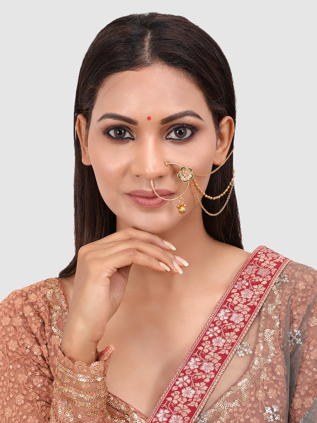 Gold-Plated Beige Kundan & Ruby-Studded Handcrafted Chained Nose Ring