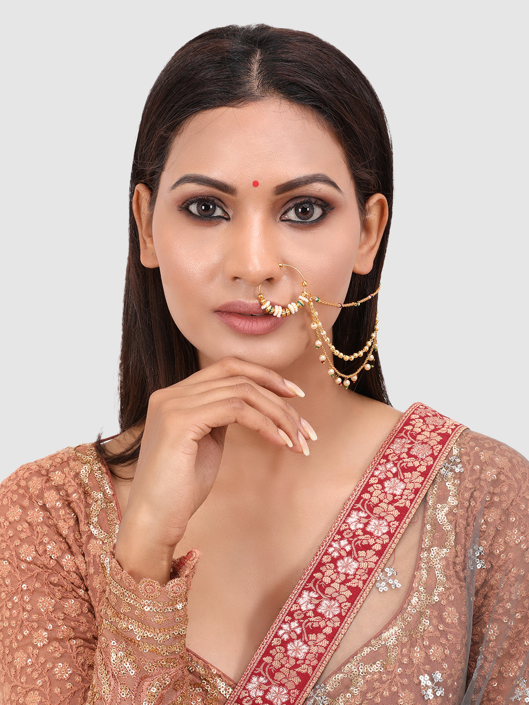 Gold-Plated Green & Red Stone-Studded & Pearl Beaded Vilandi Chained Nosering