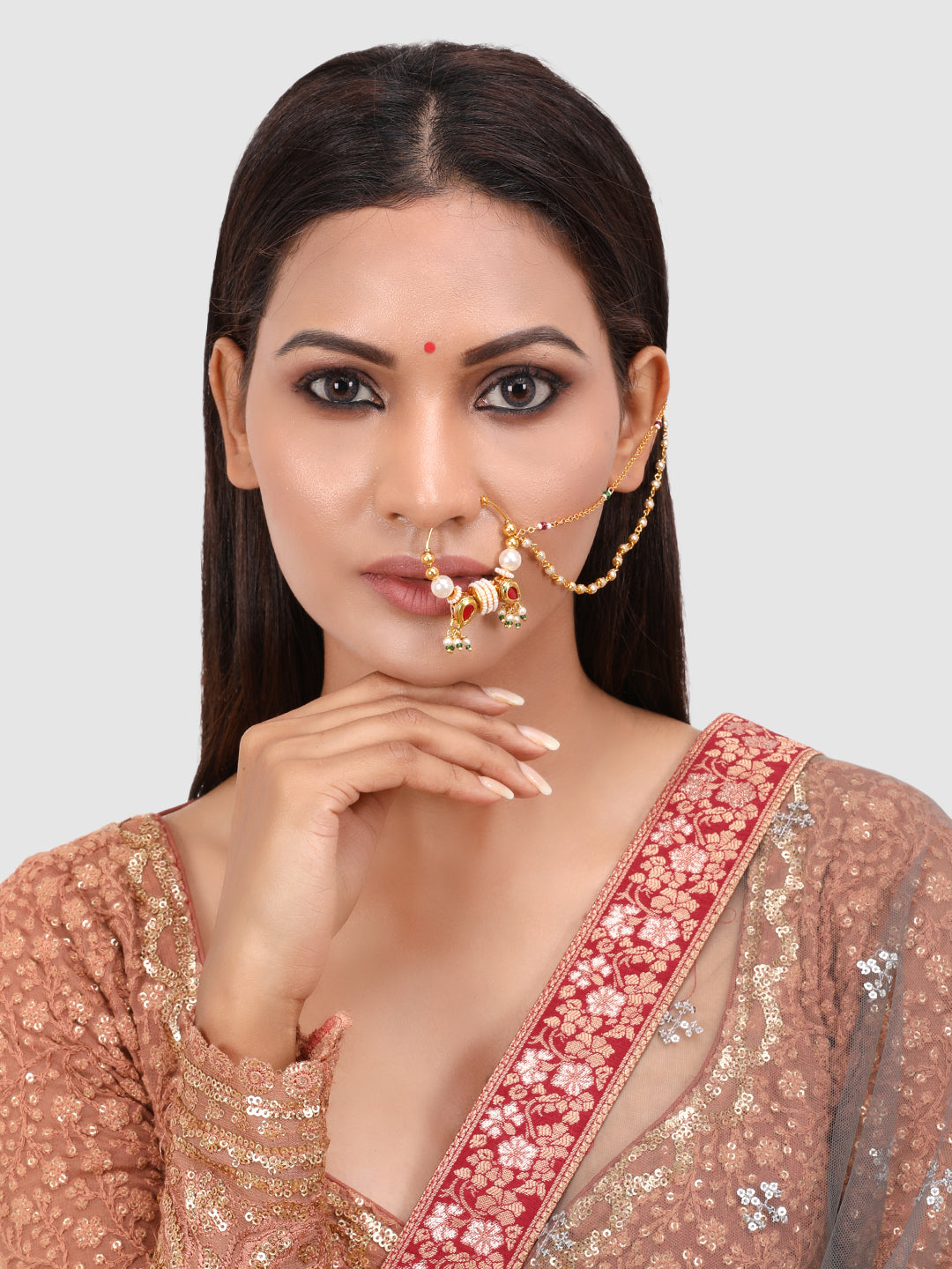 Gold-Toned & Beige Beaded Chained Gold-Plated Nose Ring