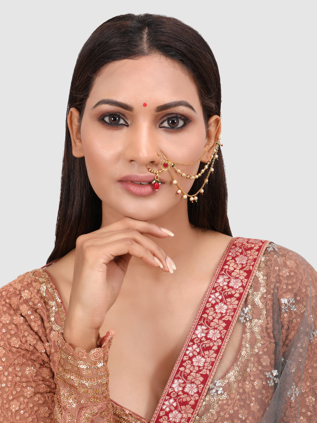 Red & Green Gold-Plated Handcrafted Stone and Pearl-Studded Chained Nose Ring