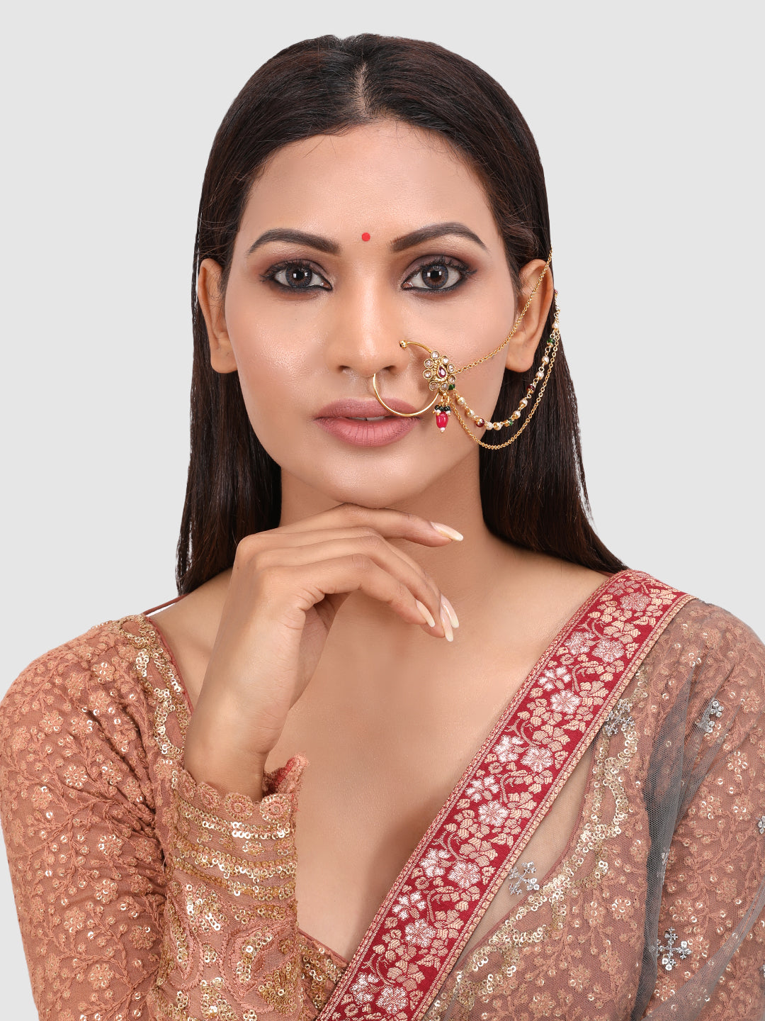 Gold-Plated Red & White Kundan Studded & Pearls Beaded Enamelled Nose Pin With Chain