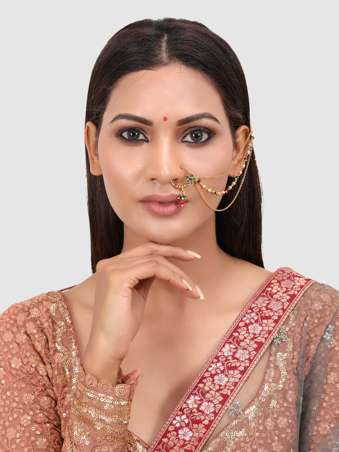 Gold-Plated Red & Green Pearl Studded Chained Nose Ring